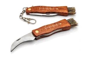 Houbařský nůž QiiM s kartáčkem, dřevěná rukojeť, nerezová čepel 6 cm, celková délka 17 cm, s karabinou