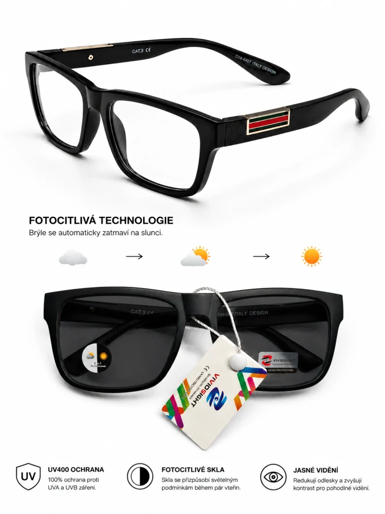 Samozatmavovací sluneční brýle VIVIDSIGHT 6407, černý rámeček, UV400, Cat.3, unisex