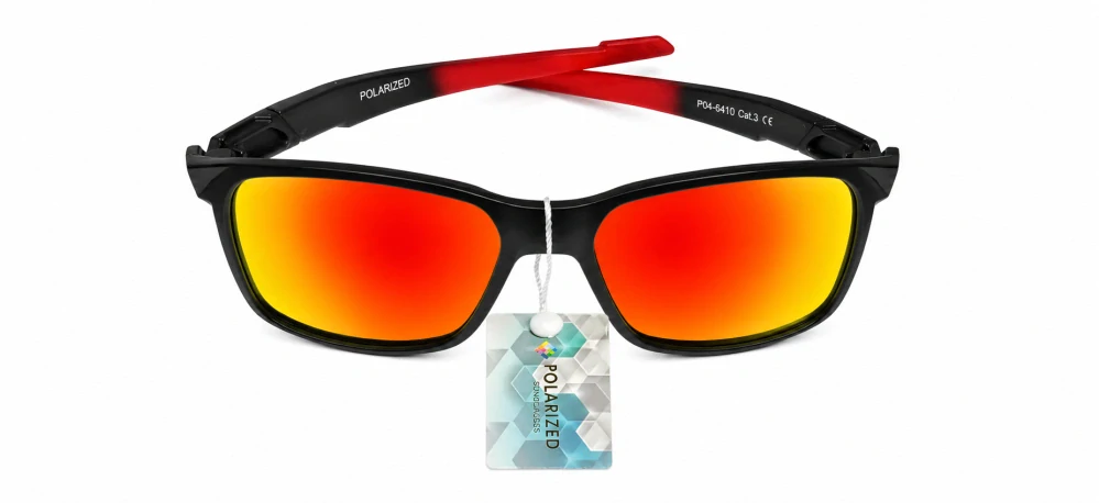 Polarizační unisex sluneční brýle ZHglasses C04-6410 s ohnivým červeno-žlutým zrcadlem, modro-šedá skla, matný černý rámeček, UV400, Cat.3