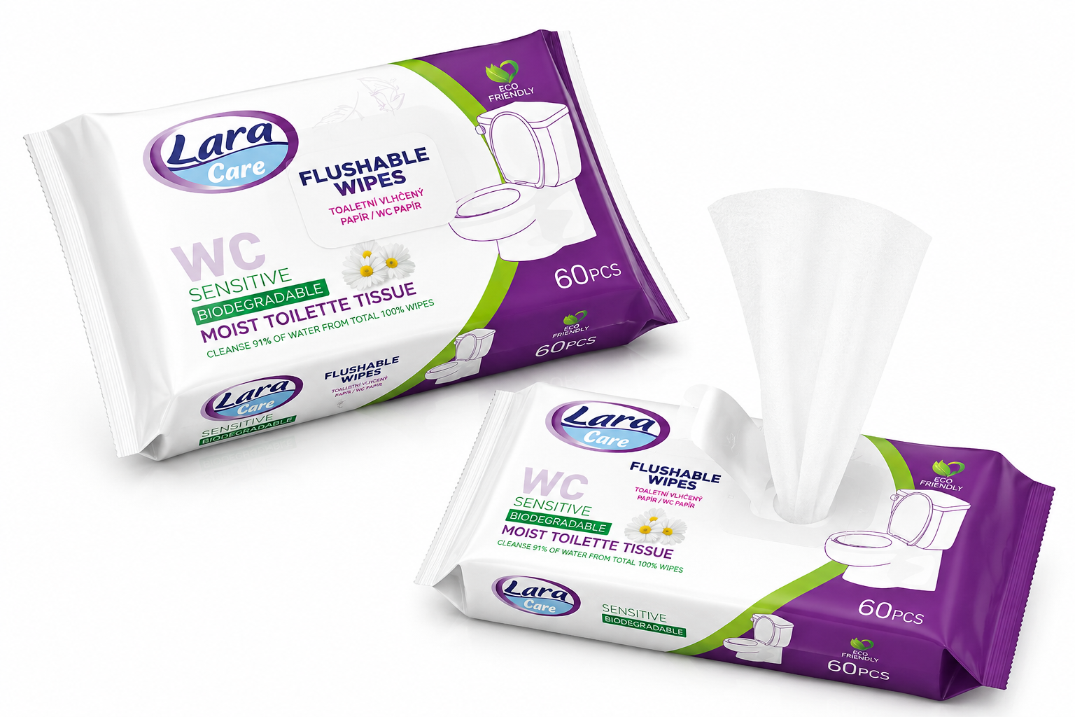 LARA Care Vlhčený WC papír Sensitive Heřmánek 60 ks – splachovatelný, bez alkoholu