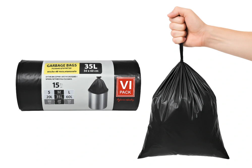 VI Pack Zatahovací pytle na odpad 35L, 15 ks, černé, PE, recyklovatelné