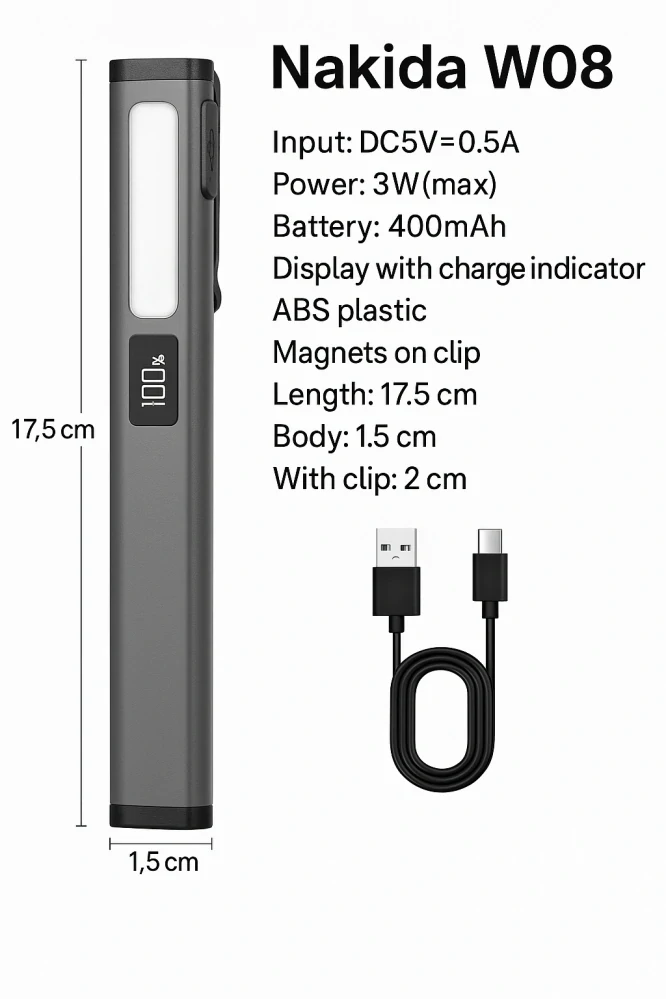 Nakida W08 multifunkční COB LED svítilna, USB-C, šedá